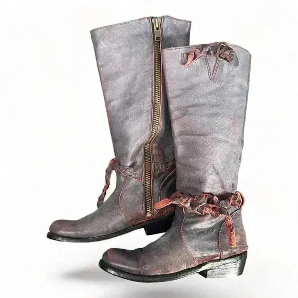 Bed Stu Bovine Boots Blueish Gray Rustic Red 6 Distressed Tall Woven Tie Zip - Picture 3 of 8